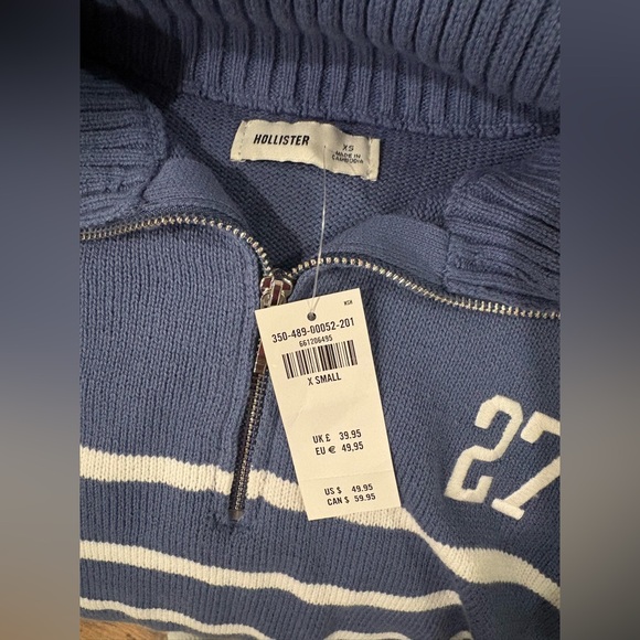 Hollister Blue and White Striped Quarter Zip-Up Sweater • Oversized Varsity Top - Picture 2 of 3